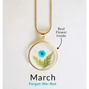 Mint & Lilly Pressed Birth Flower Necklace*March*Forget-Me-Not*Gold